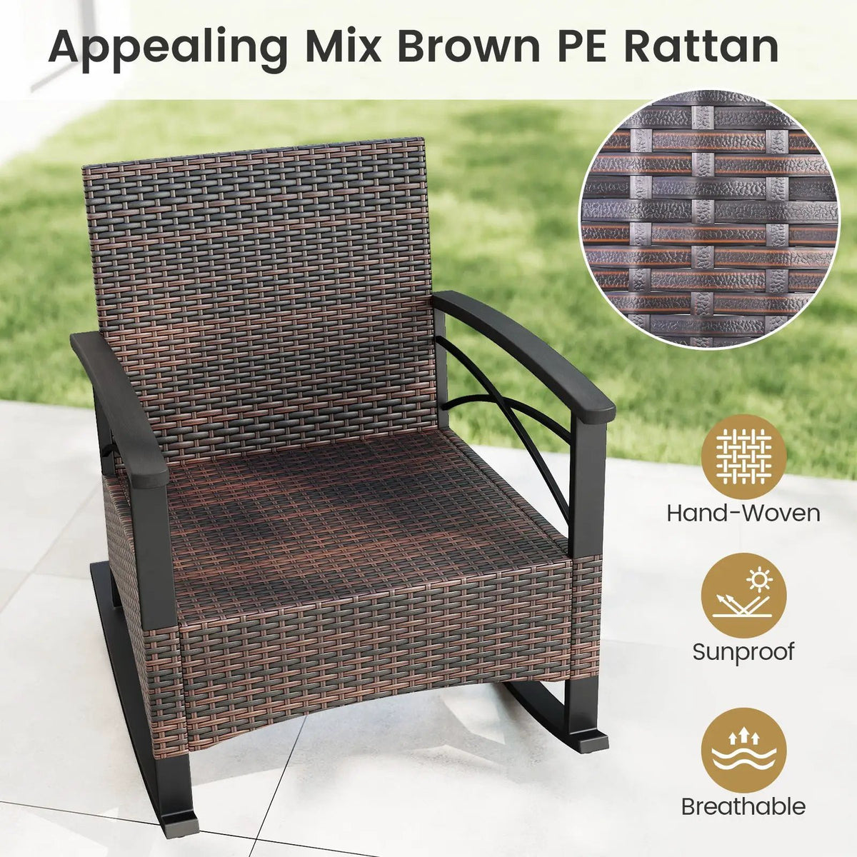 3 Piece Rocking Bistro Set PE Rattan Rocker Chairs with Acacia Wood Top Table, photo 28 of 32