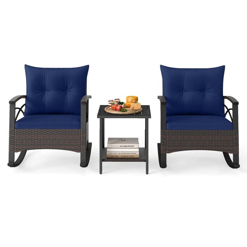 3 Piece Rocking Bistro Set PE Rattan Rocker Chairs with Acacia Wood Top Table by DirectDeals