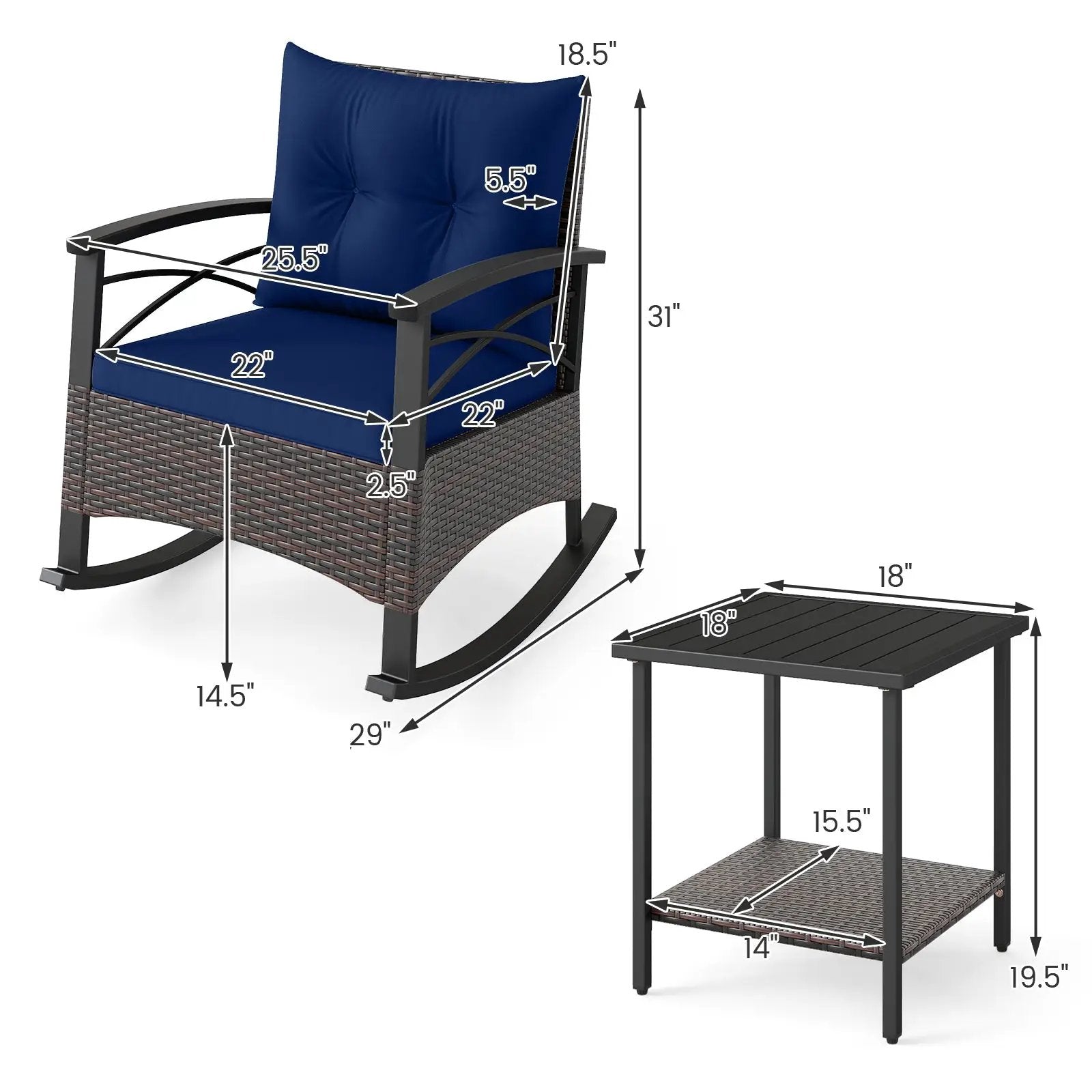 3 Piece Rocking Bistro Set PE Rattan Rocker Chairs with Acacia Wood Top Table by DirectDeals