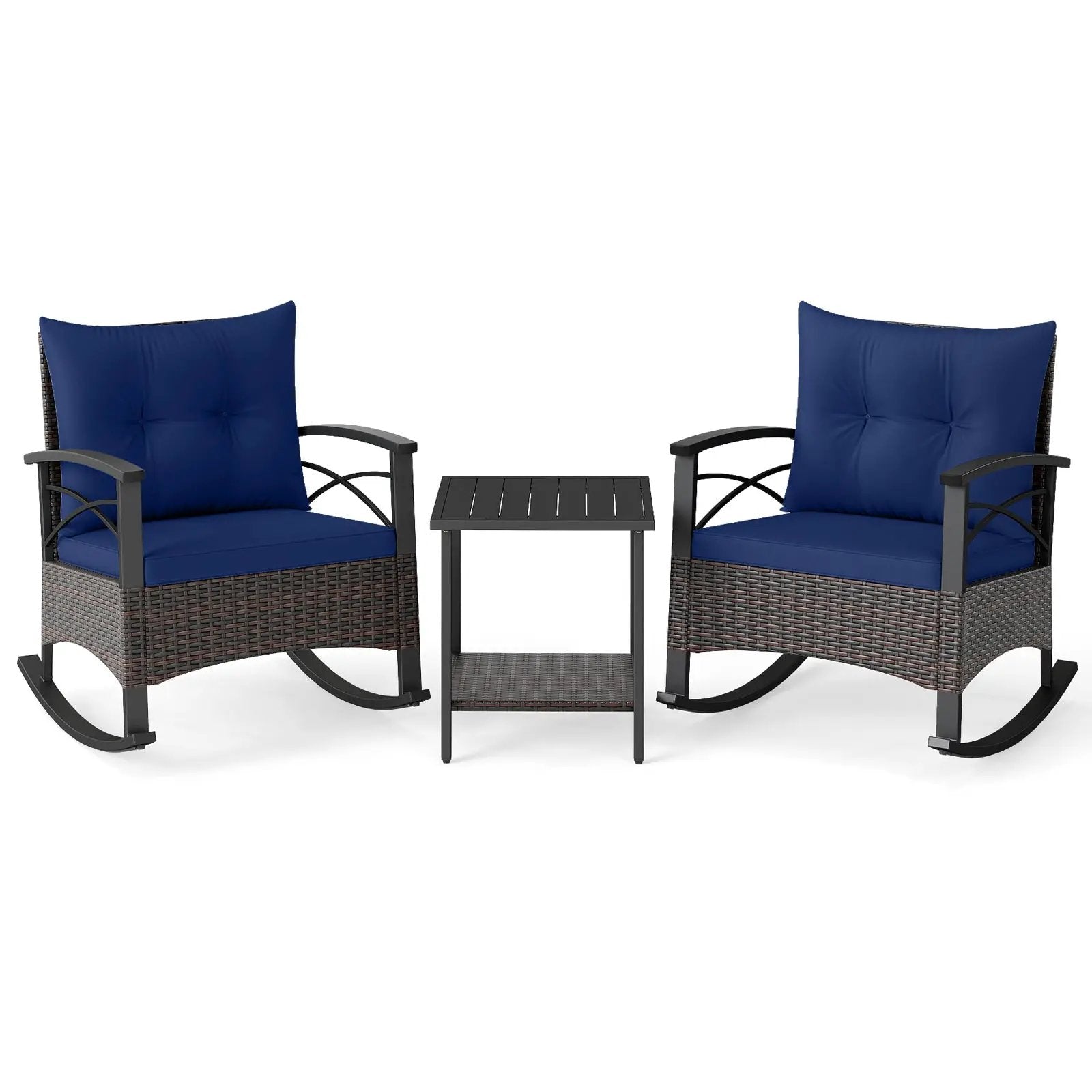 3 Piece Rocking Bistro Set PE Rattan Rocker Chairs with Acacia Wood Top Table by DirectDeals