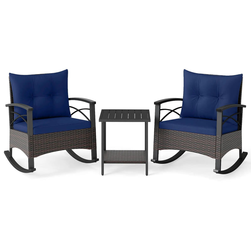 3 Piece Rocking Bistro Set PE Rattan Rocker Chairs with Acacia Wood Top Table by DirectDeals