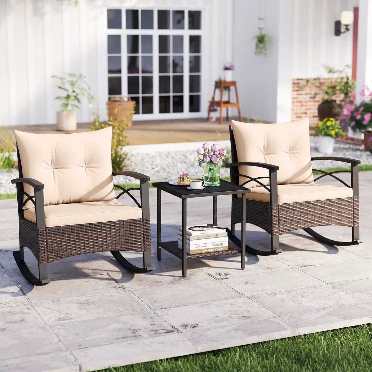 3 Piece Rocking Bistro Set PE Rattan Rocker Chairs with Acacia Wood Top Table, photo 2 of 32