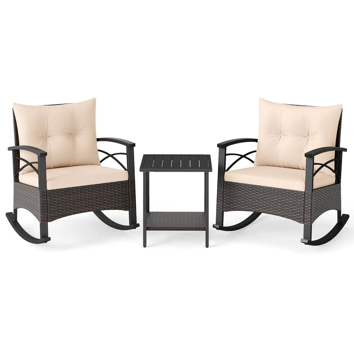 3 Piece Rocking Bistro Set PE Rattan Rocker Chairs with Acacia Wood Top Table, photo 12 of 32