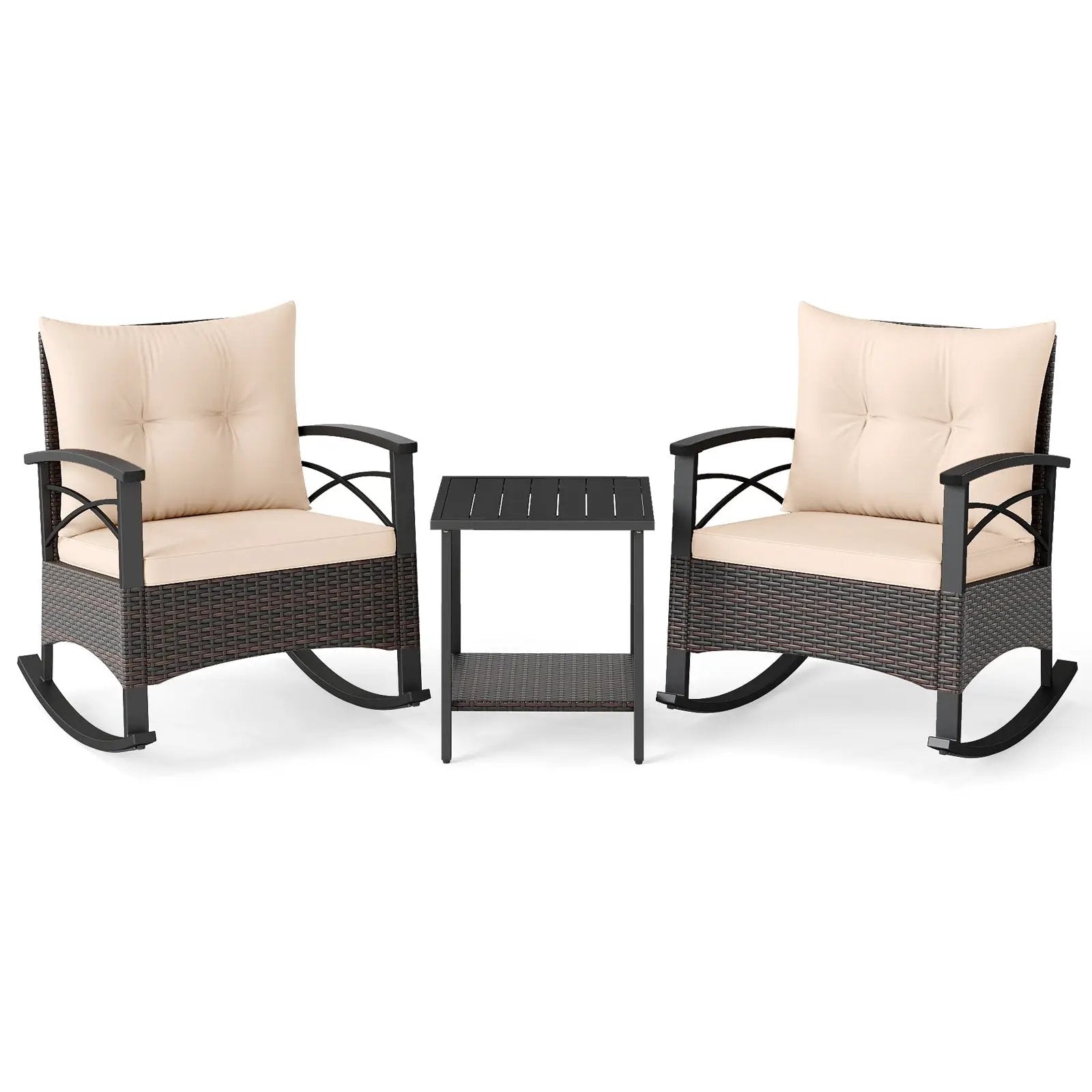 3 Piece Rocking Bistro Set PE Rattan Rocker Chairs with Acacia Wood Top Table by DirectDeals