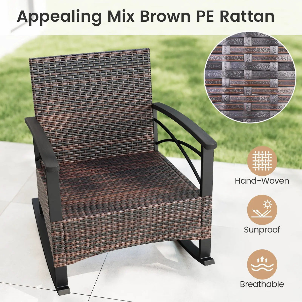 3 Piece Rocking Bistro Set PE Rattan Rocker Chairs with Acacia Wood Top Table, photo 27 of 32
