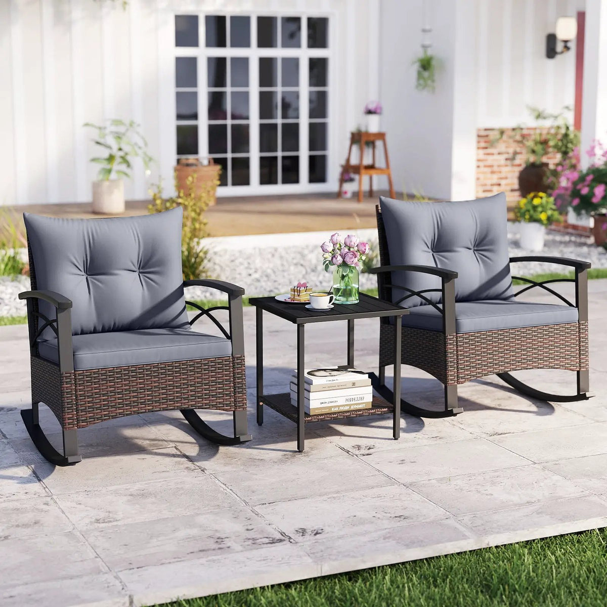3 Piece Rocking Bistro Set PE Rattan Rocker Chairs with Acacia Wood Top Table
