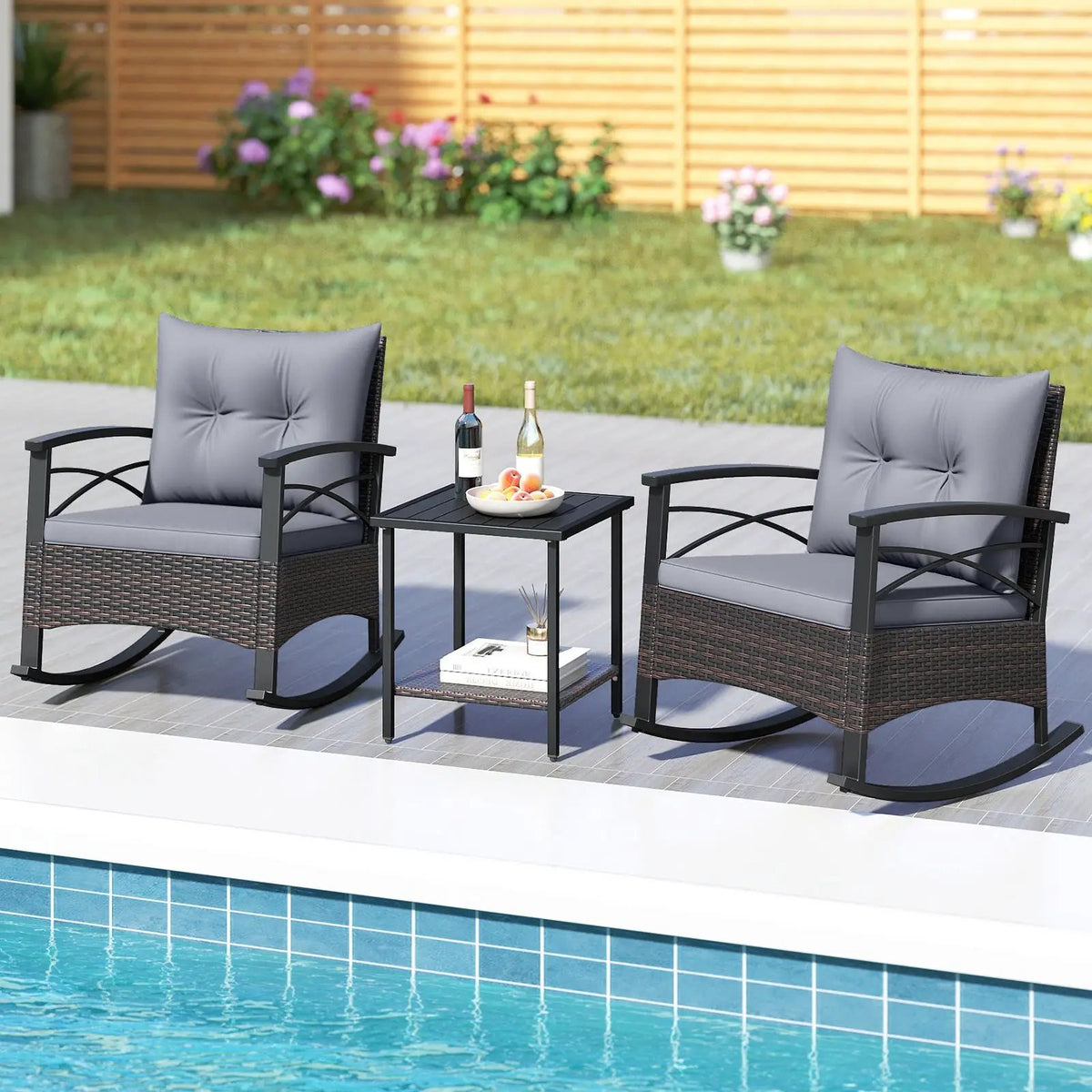 3 Piece Rocking Bistro Set PE Rattan Rocker Chairs with Acacia Wood Top Table, photo 5 of 32