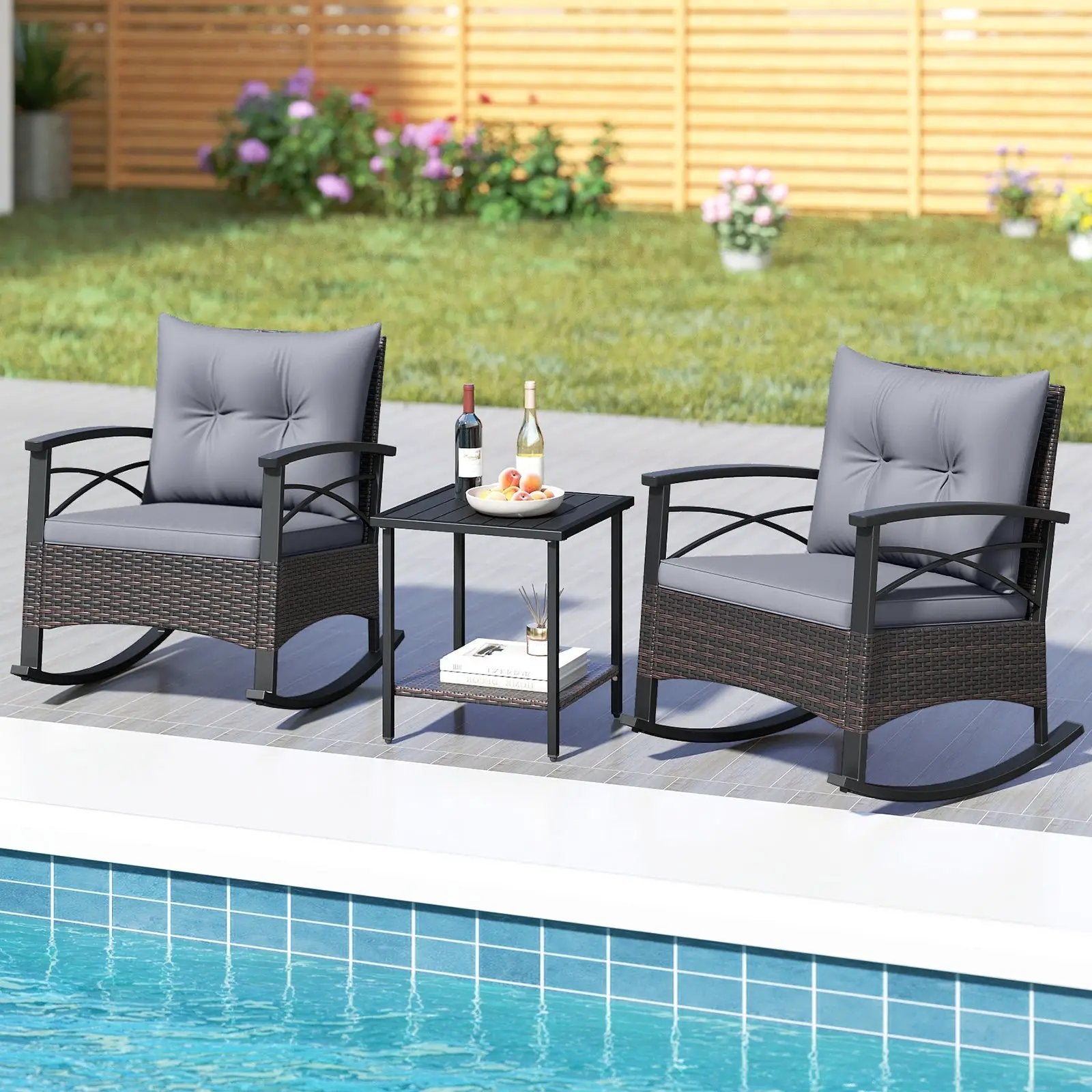 3 Piece Rocking Bistro Set PE Rattan Rocker Chairs with Acacia Wood Top Table by DirectDeals