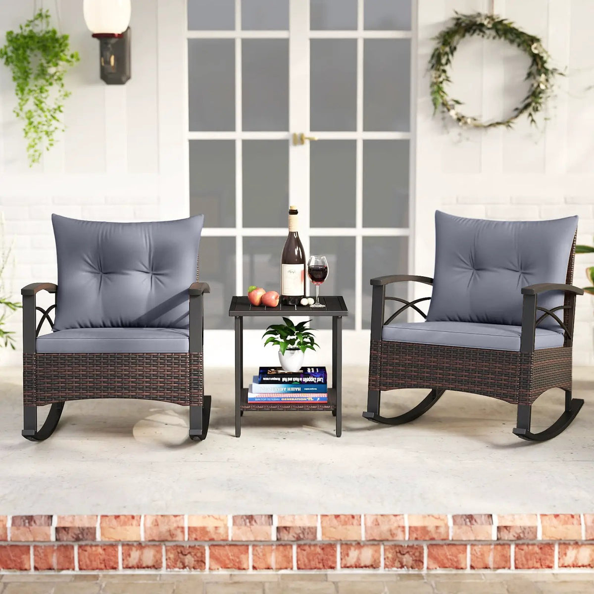 3 Piece Rocking Bistro Set PE Rattan Rocker Chairs with Acacia Wood Top Table, photo 23 of 32