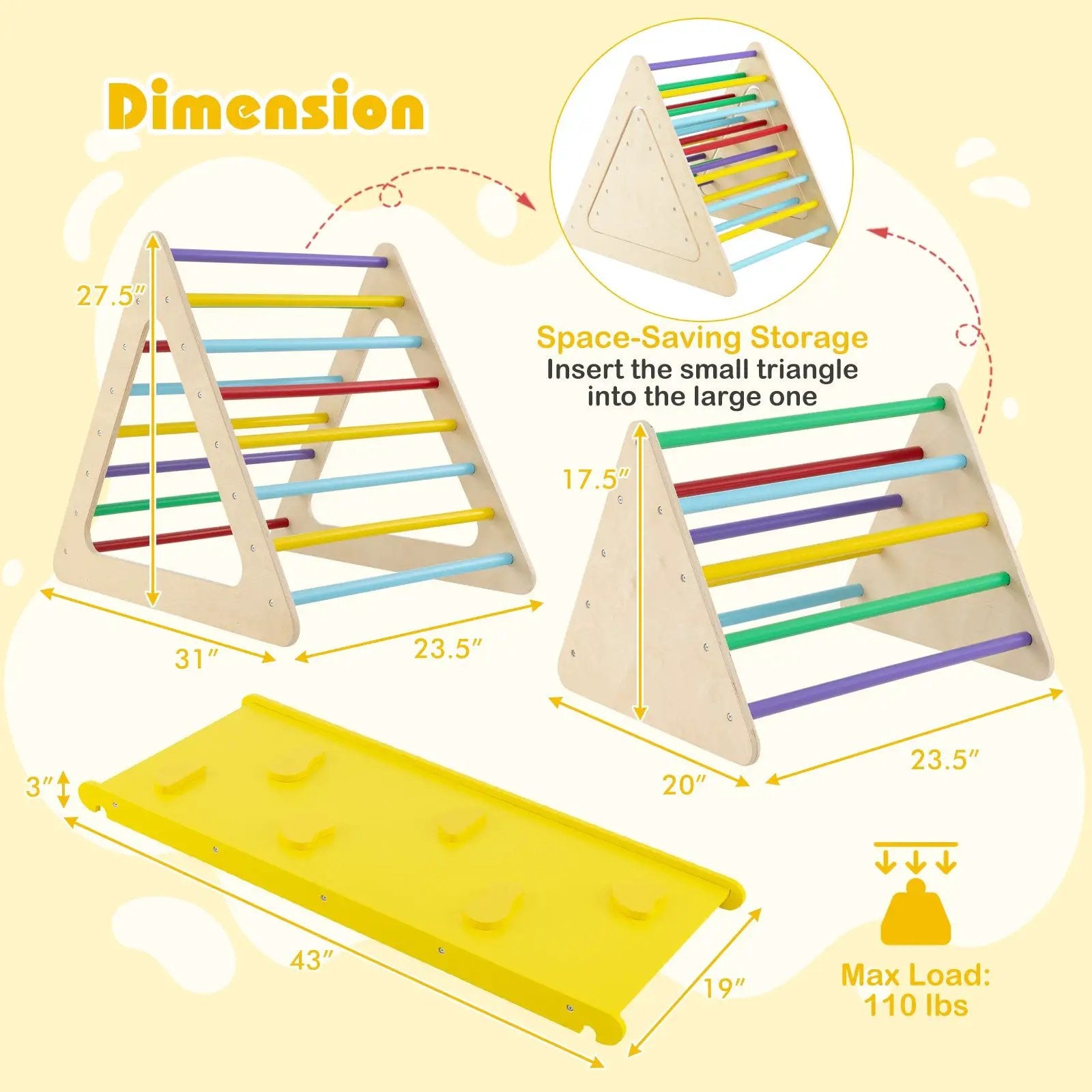 3 Piece Toddler Triangle Set Montessori with 2 Climbing Triangles and 1 Ramp-Colorful by DirectDeals