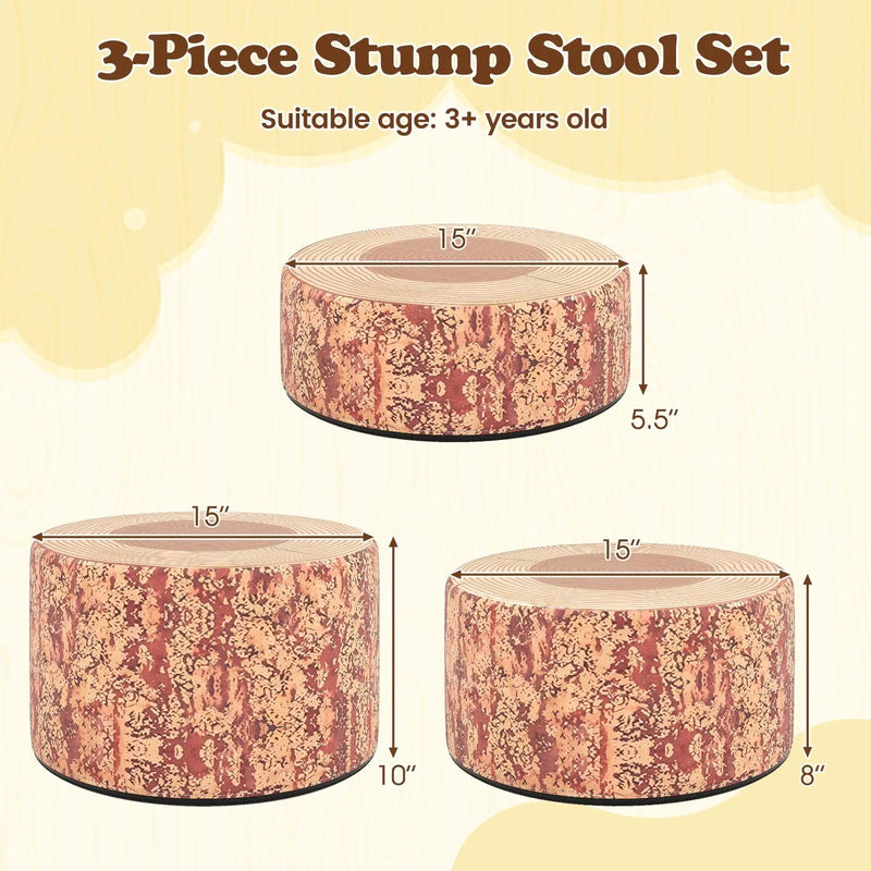 3-Piece Tree Stump Stool Set with Wood Printing Nature Decoration by DirectDeals