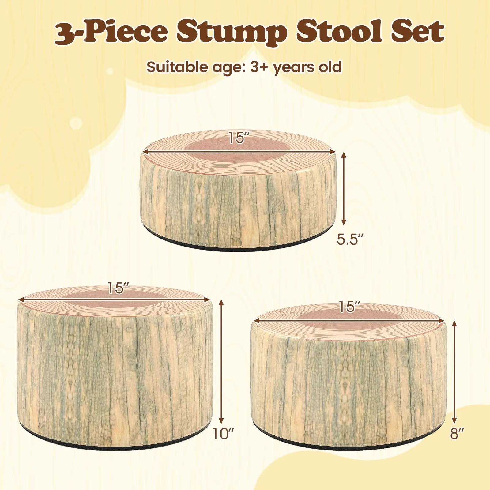 3-Piece Tree Stump Stool Set with Wood Printing Nature Decoration by DirectDeals