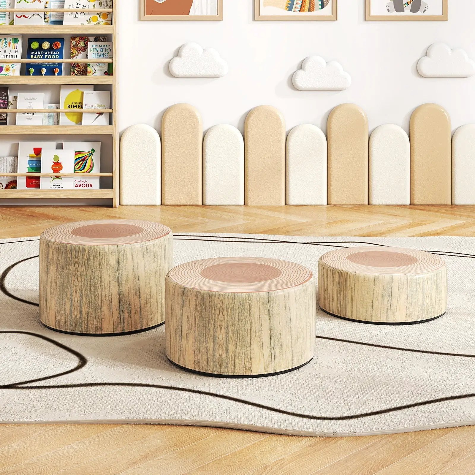 3-Piece Tree Stump Stool Set with Wood Printing Nature Decoration by DirectDeals