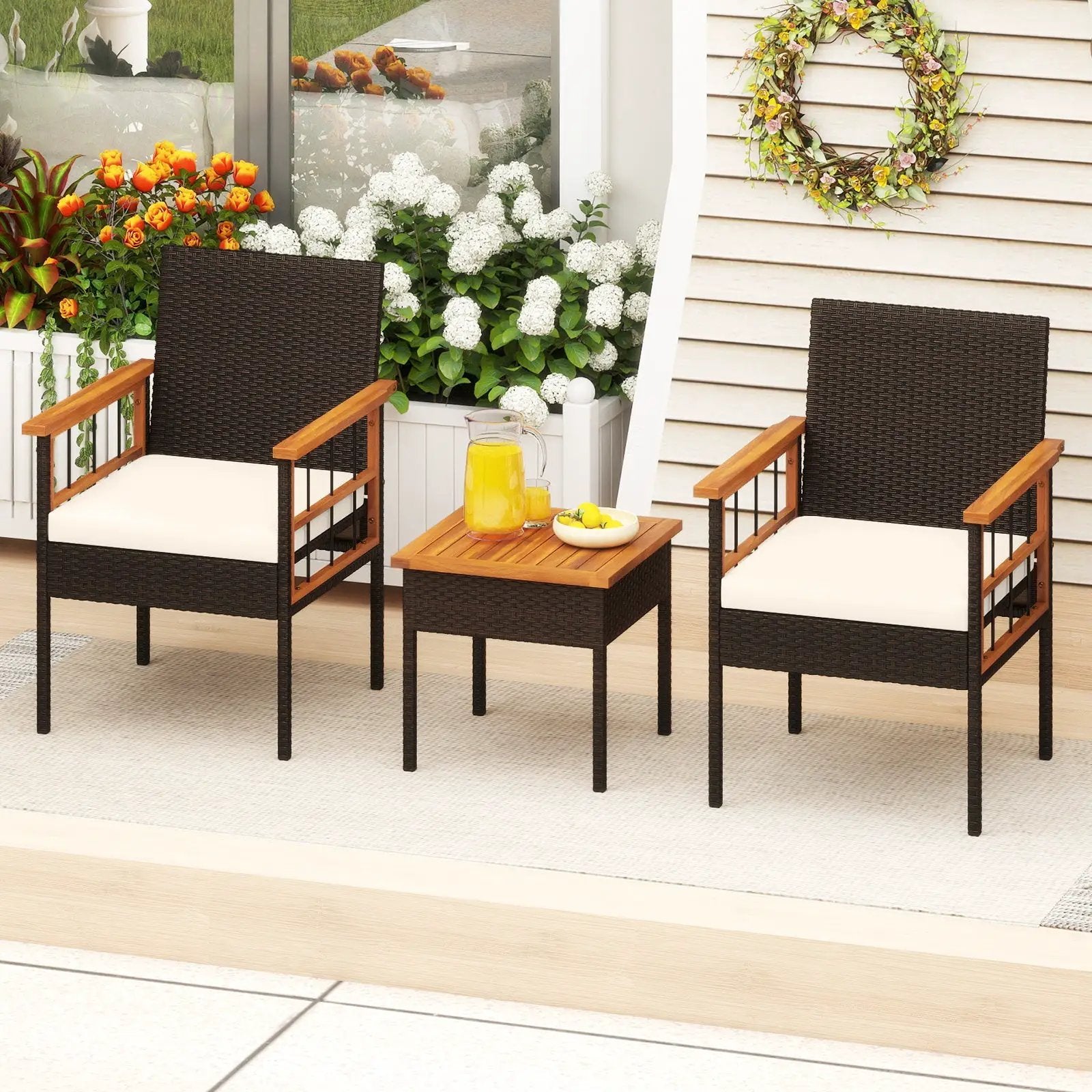 3 Piece Wicker Furniture Set with Acacia Wood Tabletop and Armrest for Balcony-White by DirectDeals