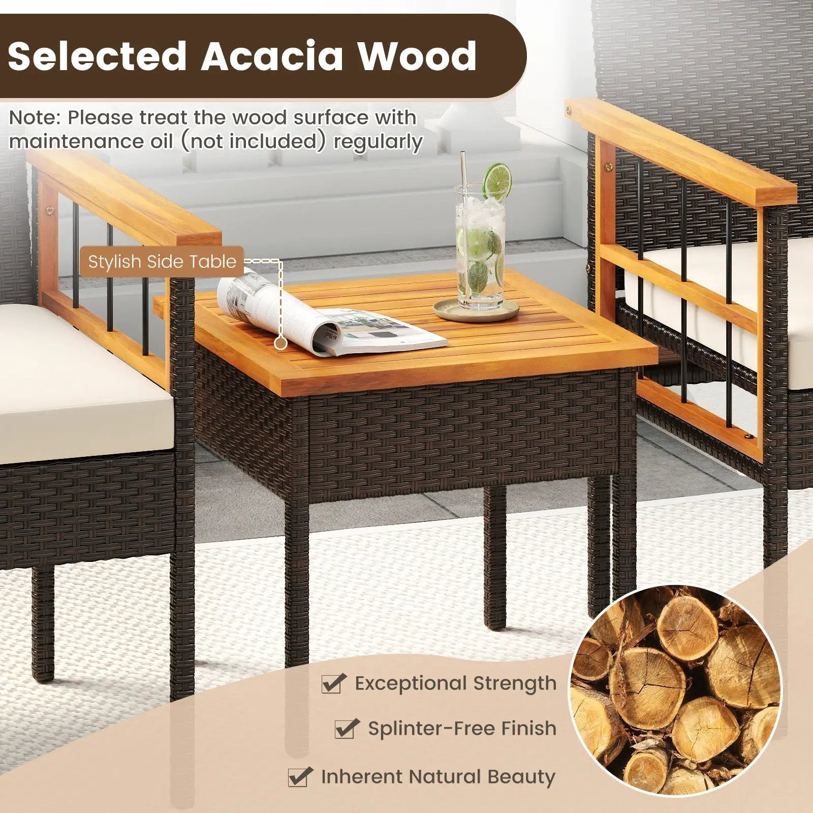 3 Piece Wicker Furniture Set with Acacia Wood Tabletop and Armrest for Balcony-White by DirectDeals