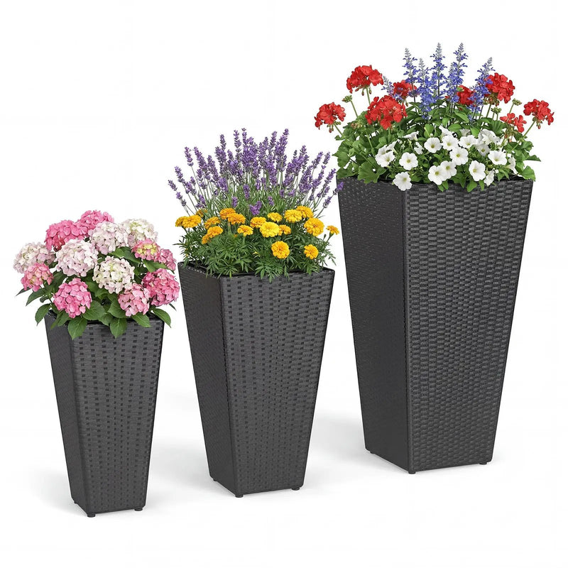 3-Piece Wicker Planters Tapered PP Rattan Plant Boxes with Plastic Flower Pots-Black by DirectDeals