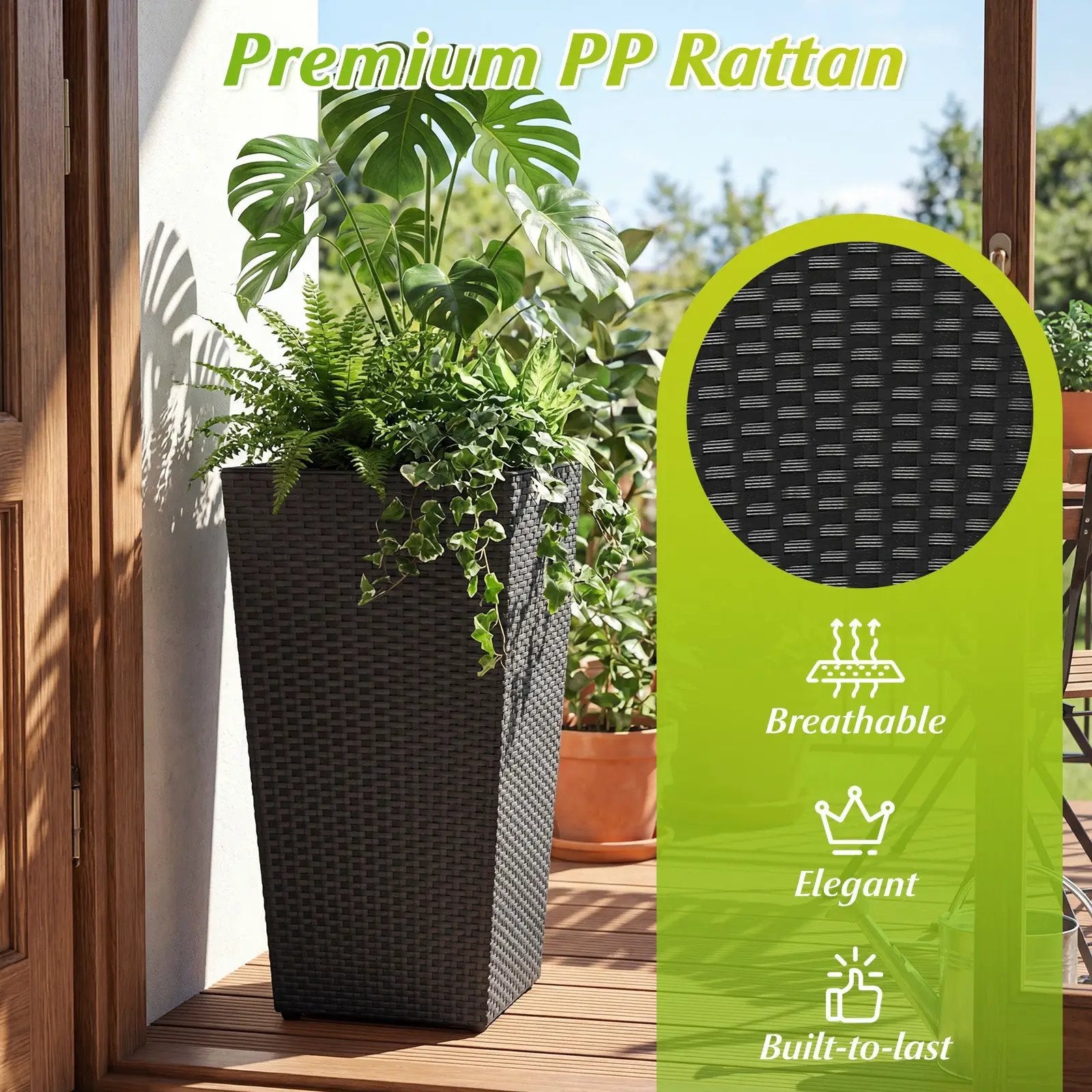3-Piece Wicker Planters Tapered PP Rattan Plant Boxes with Plastic Flower Pots-Black by DirectDeals