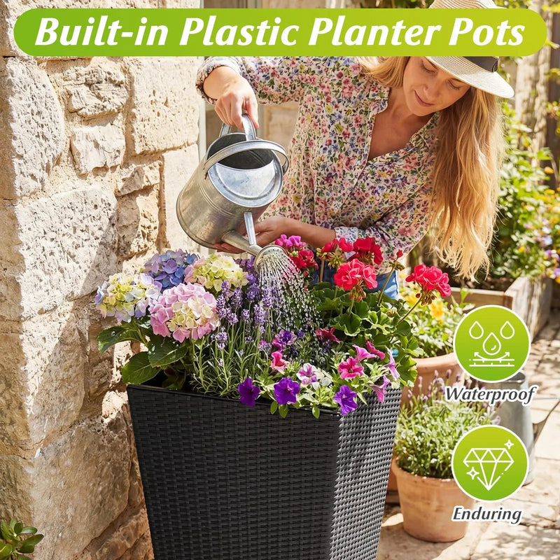 3-Piece Wicker Planters Tapered PP Rattan Plant Boxes with Plastic Flower Pots-Black by DirectDeals