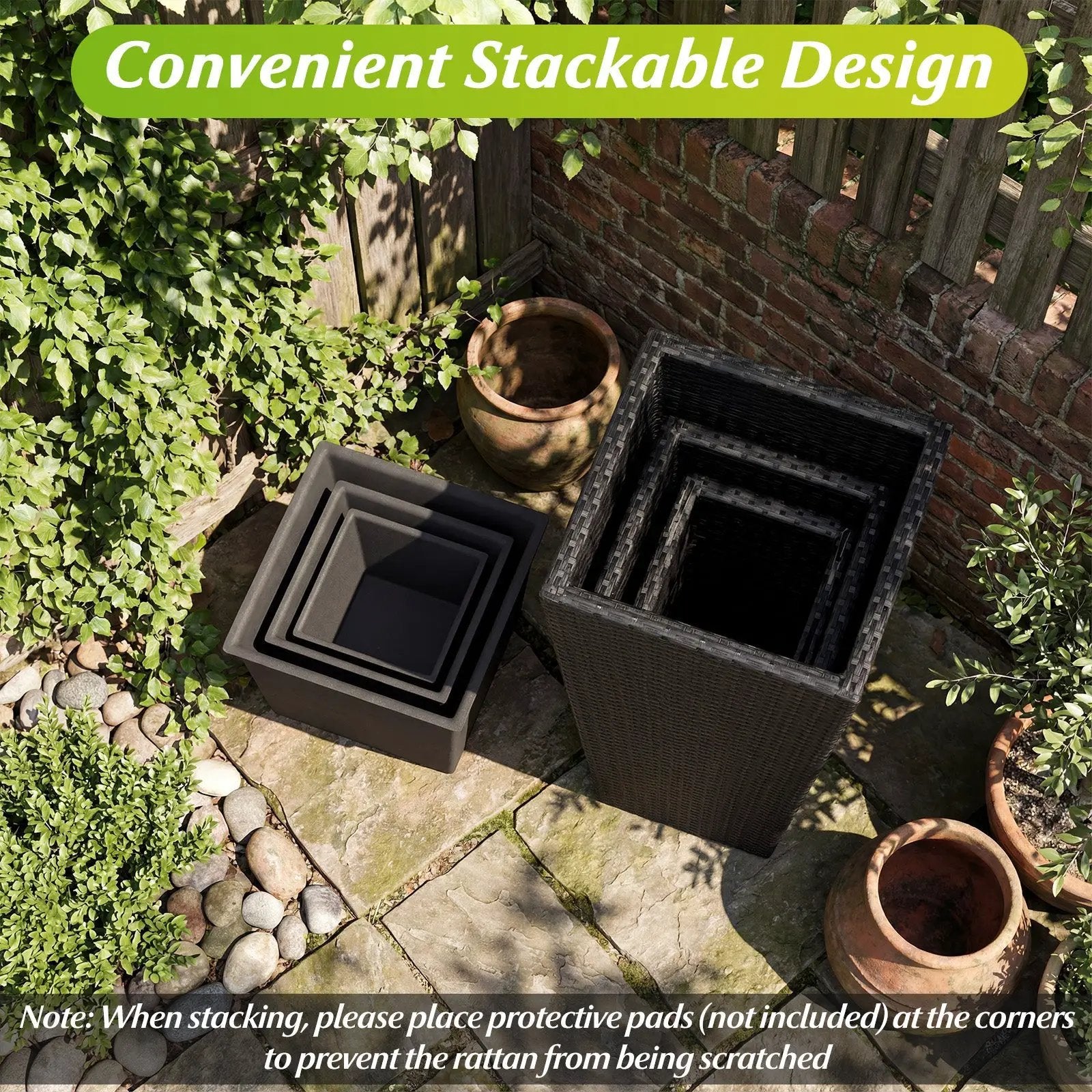 3-Piece Wicker Planters Tapered PP Rattan Plant Boxes with Plastic Flower Pots-Black by DirectDeals