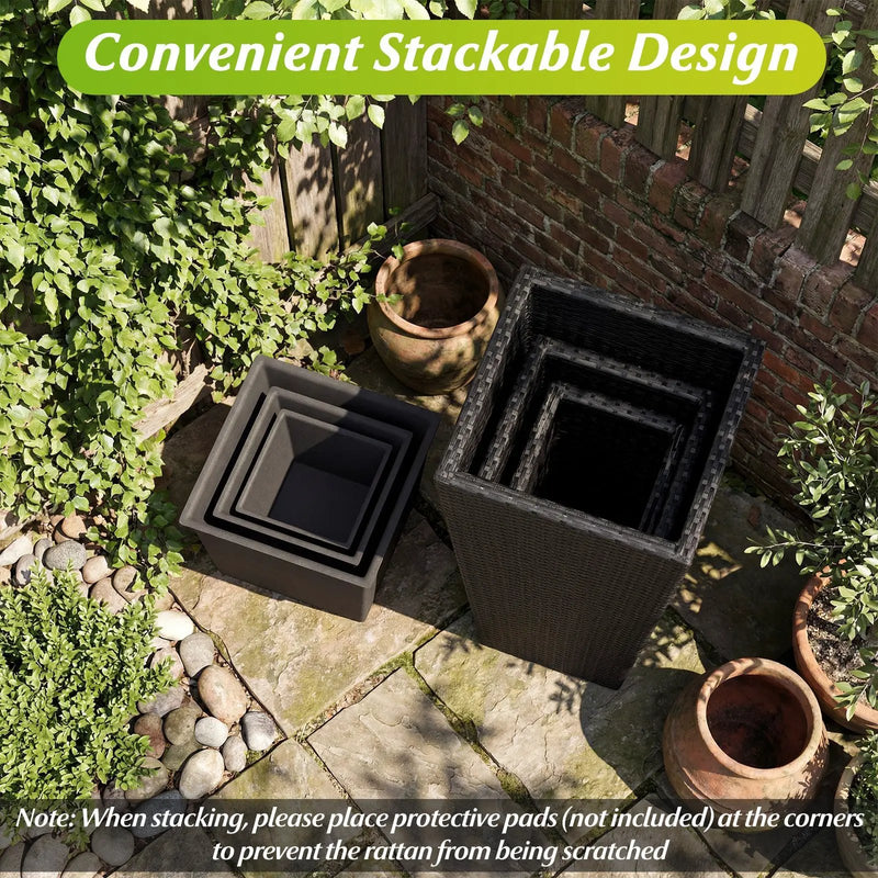 3-Piece Wicker Planters Tapered PP Rattan Plant Boxes with Plastic Flower Pots-Black by DirectDeals
