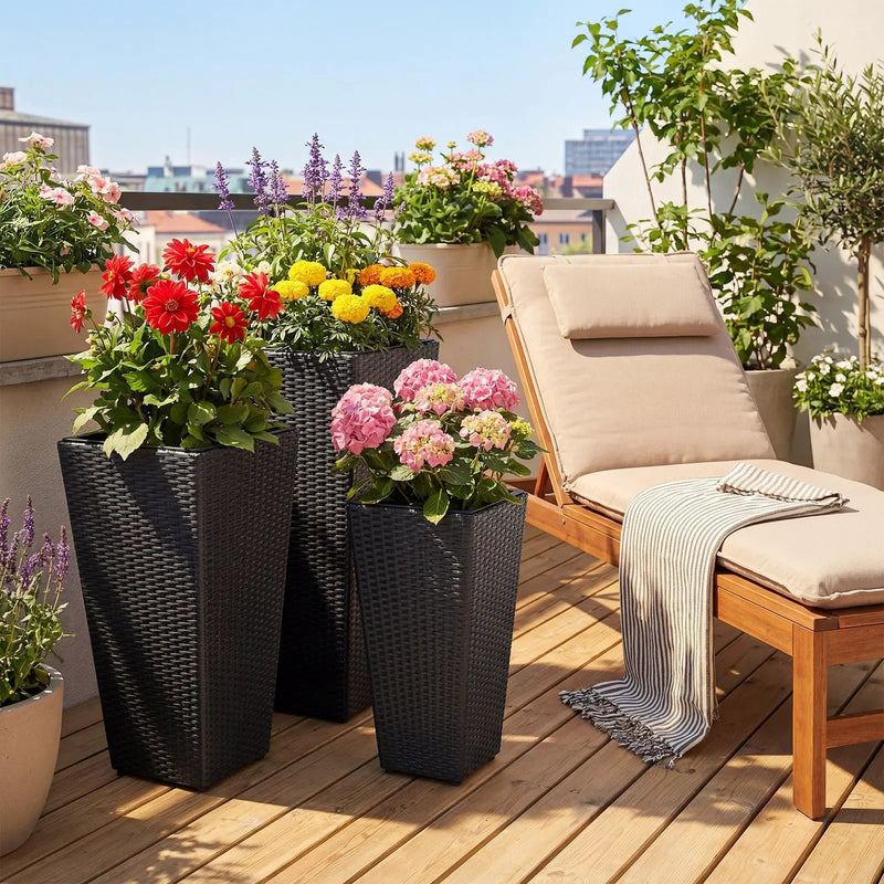 3-Piece Wicker Planters Tapered PP Rattan Plant Boxes with Plastic Flower Pots-Black by DirectDeals