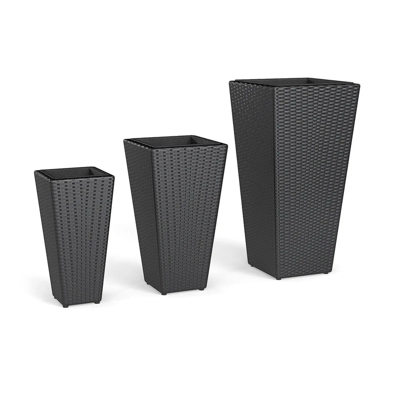 3-Piece Wicker Planters Tapered PP Rattan Plant Boxes with Plastic Flower Pots-Black by DirectDeals