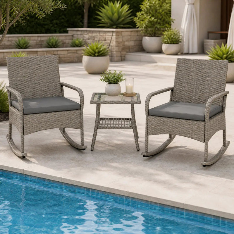3-Piece Wicker Rocking Bistro Set with Cushions - Gray by DirectDeals