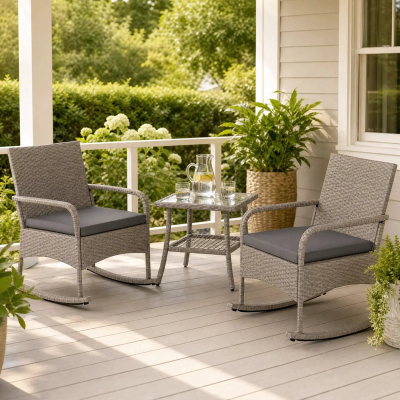 3-Piece Wicker Rocking Bistro Set with Cushions - Gray by DirectDeals