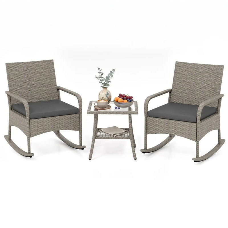 3-Piece Wicker Rocking Bistro Set with Cushions - Gray by DirectDeals