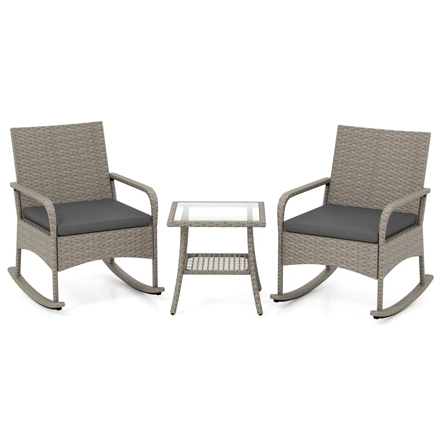 3-Piece Wicker Rocking Bistro Set with Cushions - Gray by DirectDeals