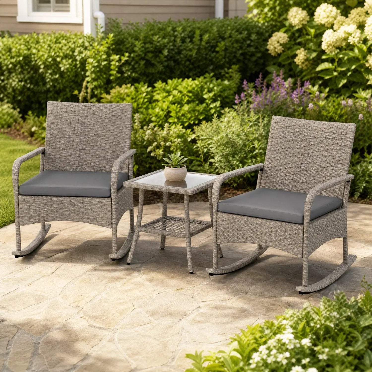 3-Piece Wicker Rocking Bistro Set with Cushions - Gray by DirectDeals
