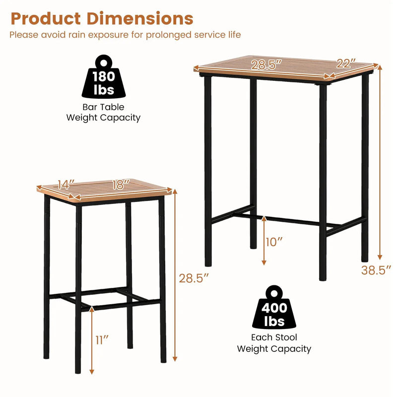 3 Pieces Acacia Wood Patio Bar Set Rectangular Table with Metal Frame by DirectDeals
