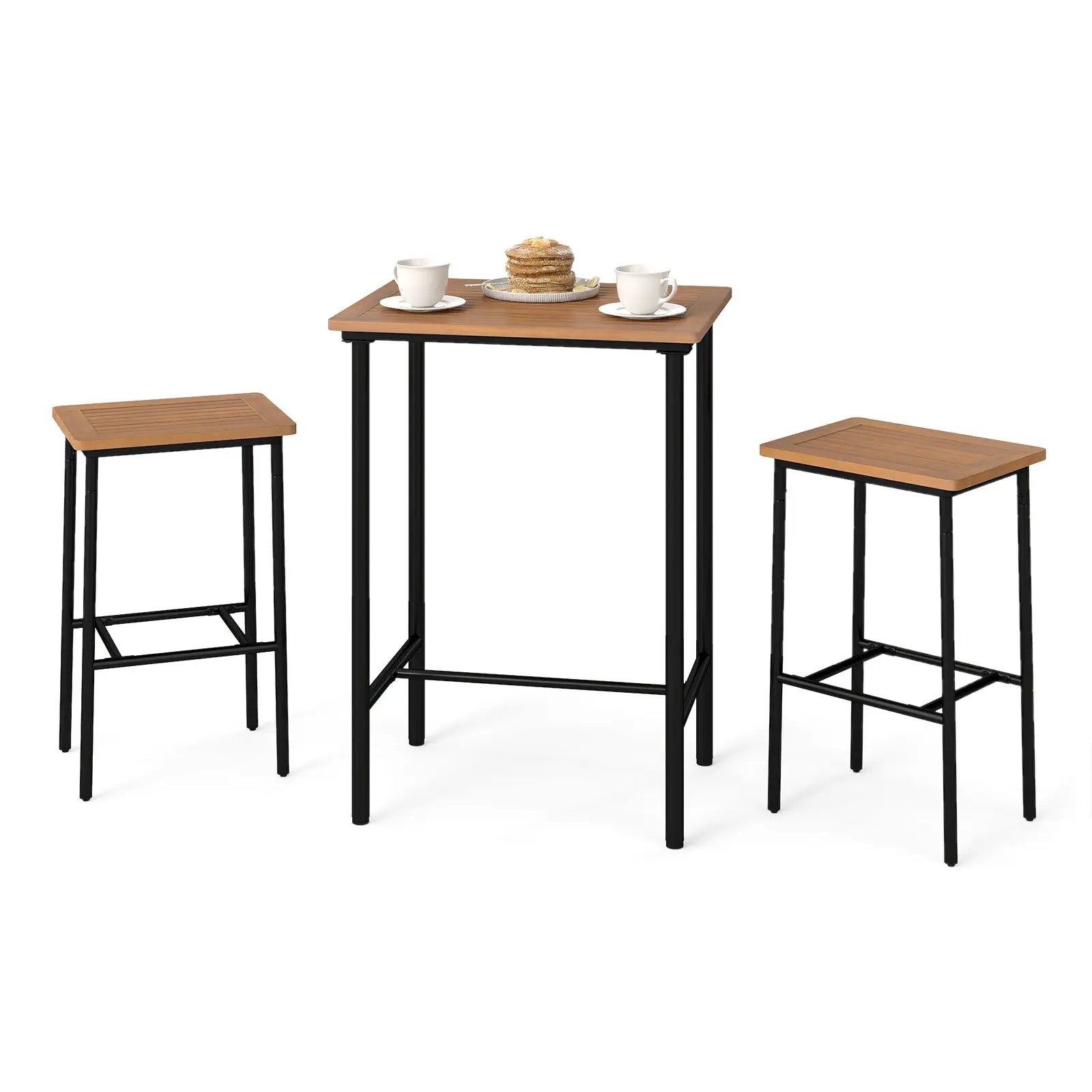 3 Pieces Acacia Wood Patio Bar Set Rectangular Table with Metal Frame by DirectDeals