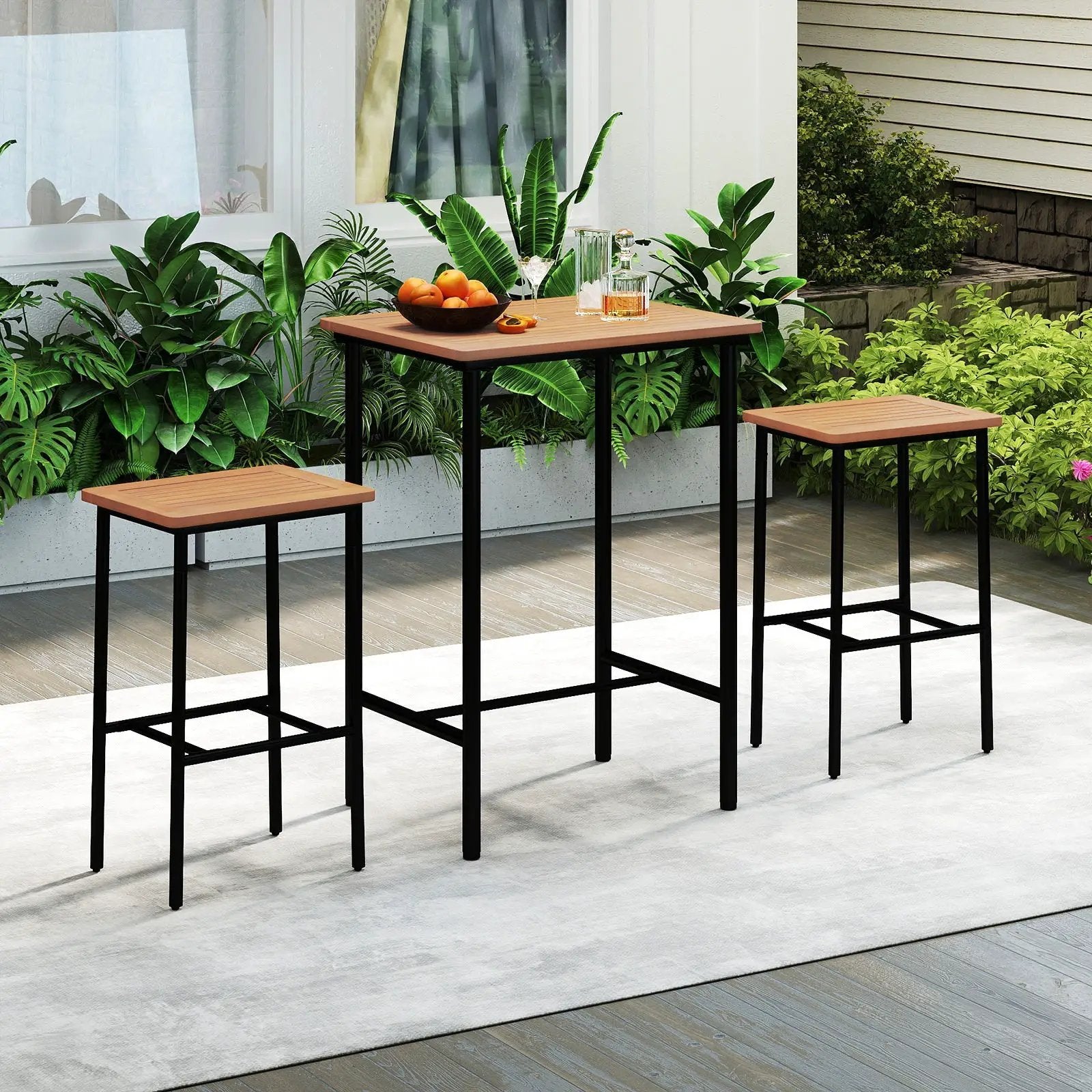3 Pieces Acacia Wood Patio Bar Set Rectangular Table with Metal Frame by DirectDeals