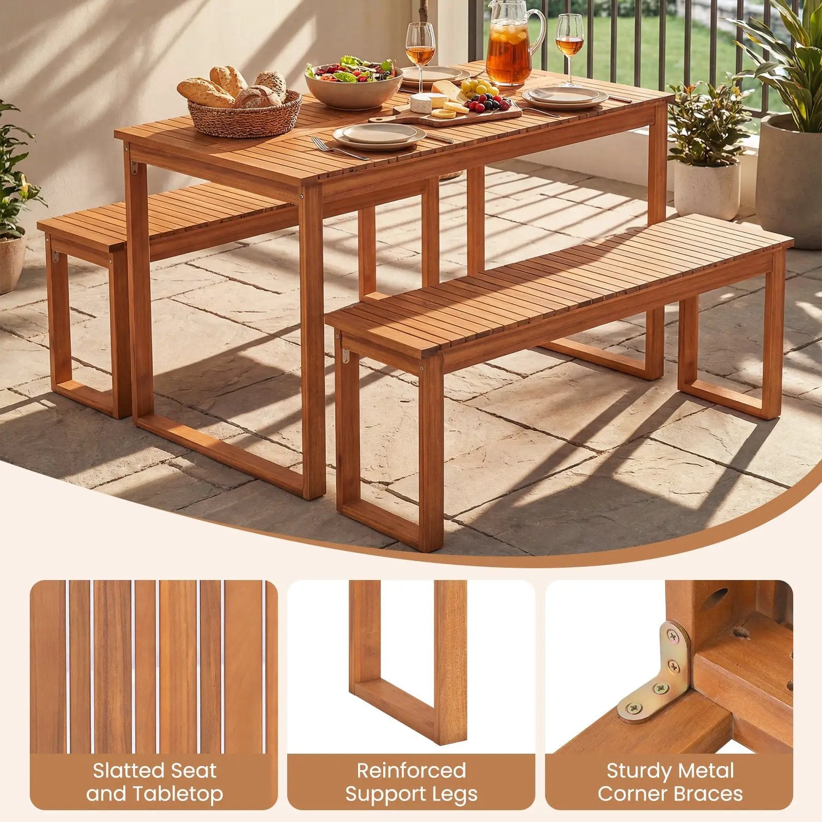 3 Pieces Acacia Wood Picnic Set with Outdoor Dining Table and 2 Benches for 4 People by DirectDeals