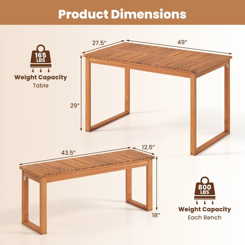 3 Pieces Acacia Wood Picnic Set with Outdoor Dining Table and 2 Benches for 4 People by DirectDeals