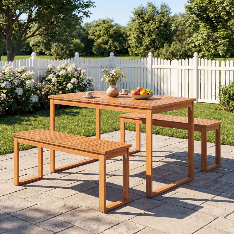 3 Pieces Acacia Wood Picnic Set with Outdoor Dining Table and 2 Benches for 4 People by DirectDeals