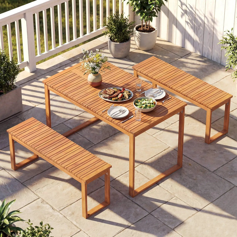 3 Pieces Acacia Wood Picnic Set with Outdoor Dining Table and 2 Benches for 4 People by DirectDeals