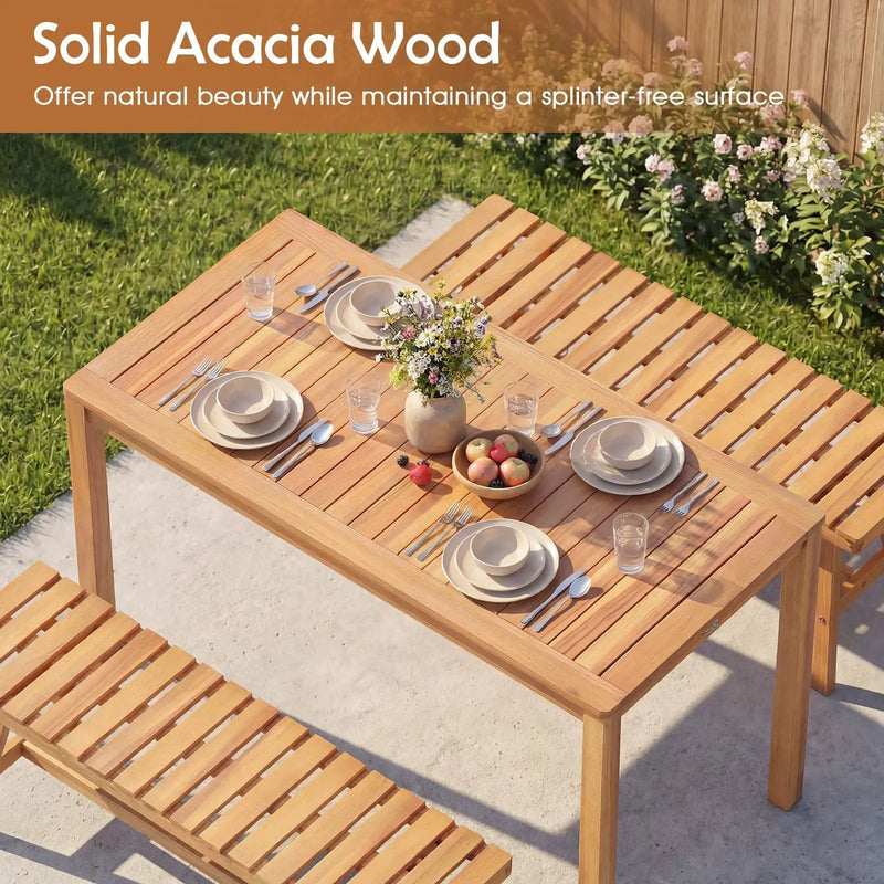 3 Pieces Acacia Wood Patio Dining Set Outdoor Rectangular Table and Benches with Slatted Seats by DirectDeals