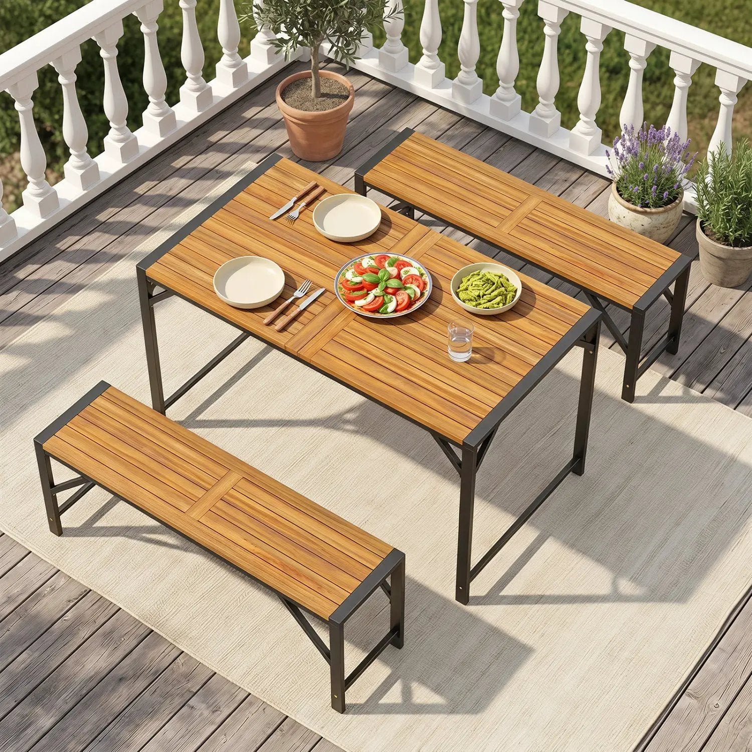 Acacia Wood Outdoor Bench Set of 2, 47.5" Slatted Seat by DirectDeals