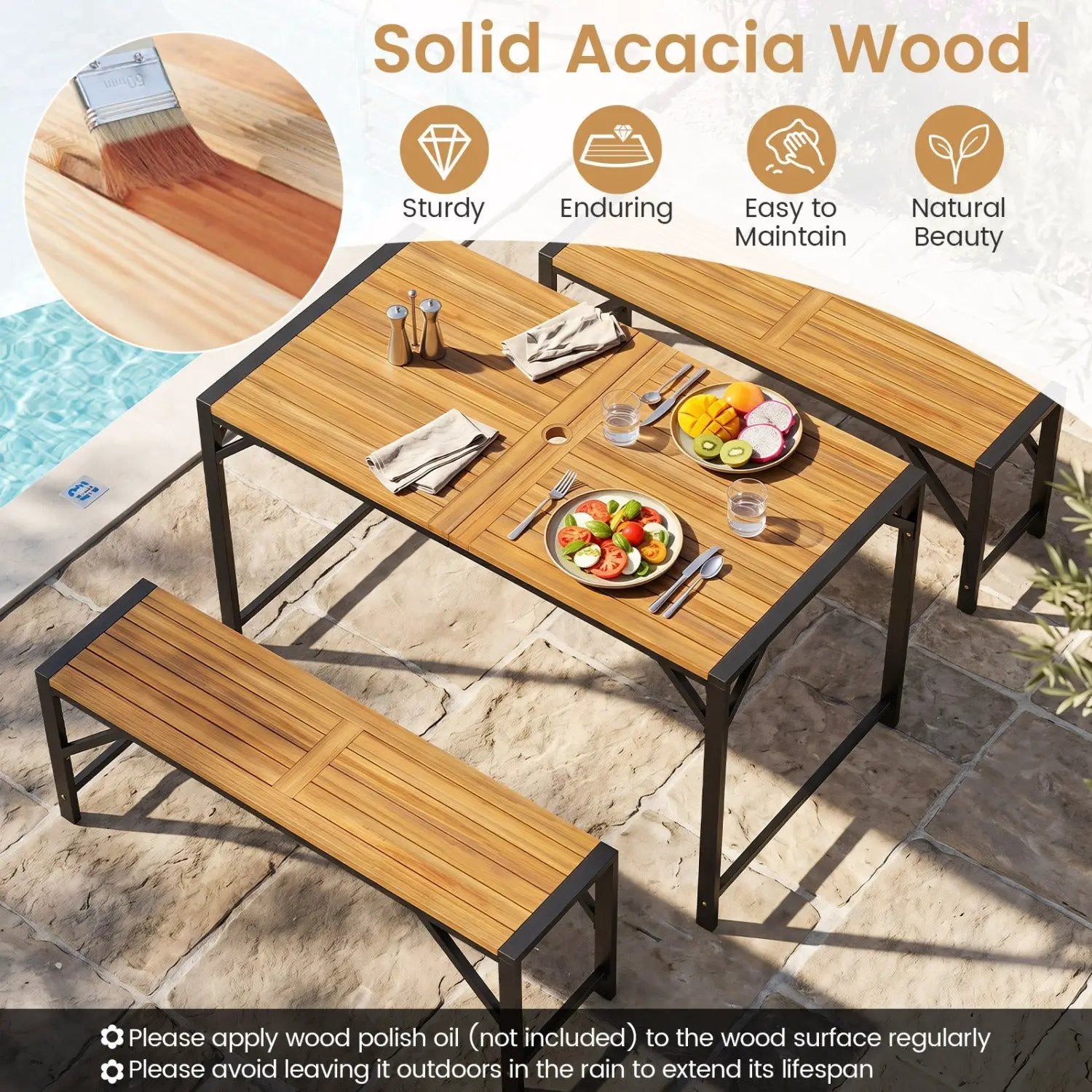 Acacia Wood Outdoor Bench Set of 2, 47.5" Slatted Seat by DirectDeals