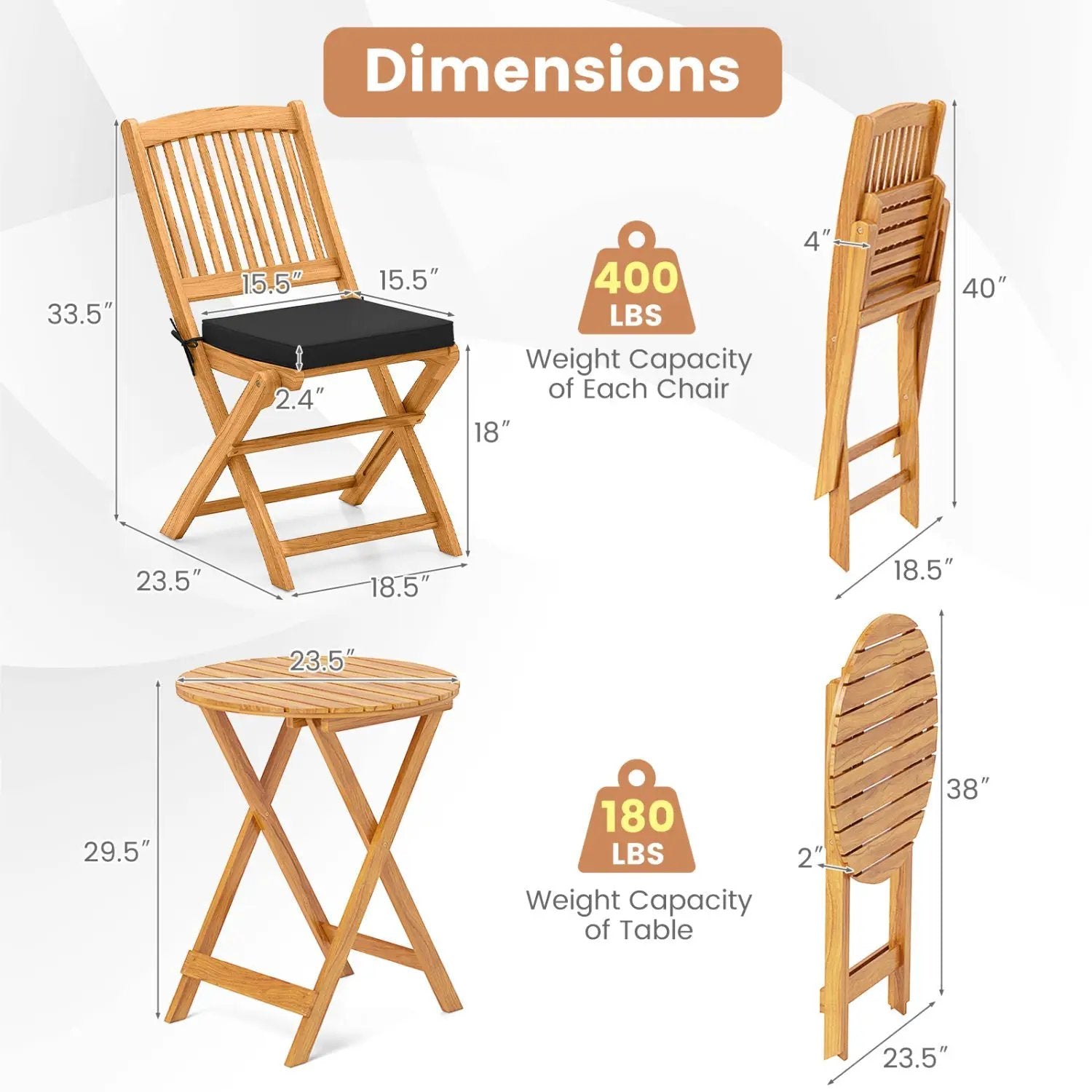 3-Piece Acacia Wood Folding Bistro Set with Cushions by DirectDeals