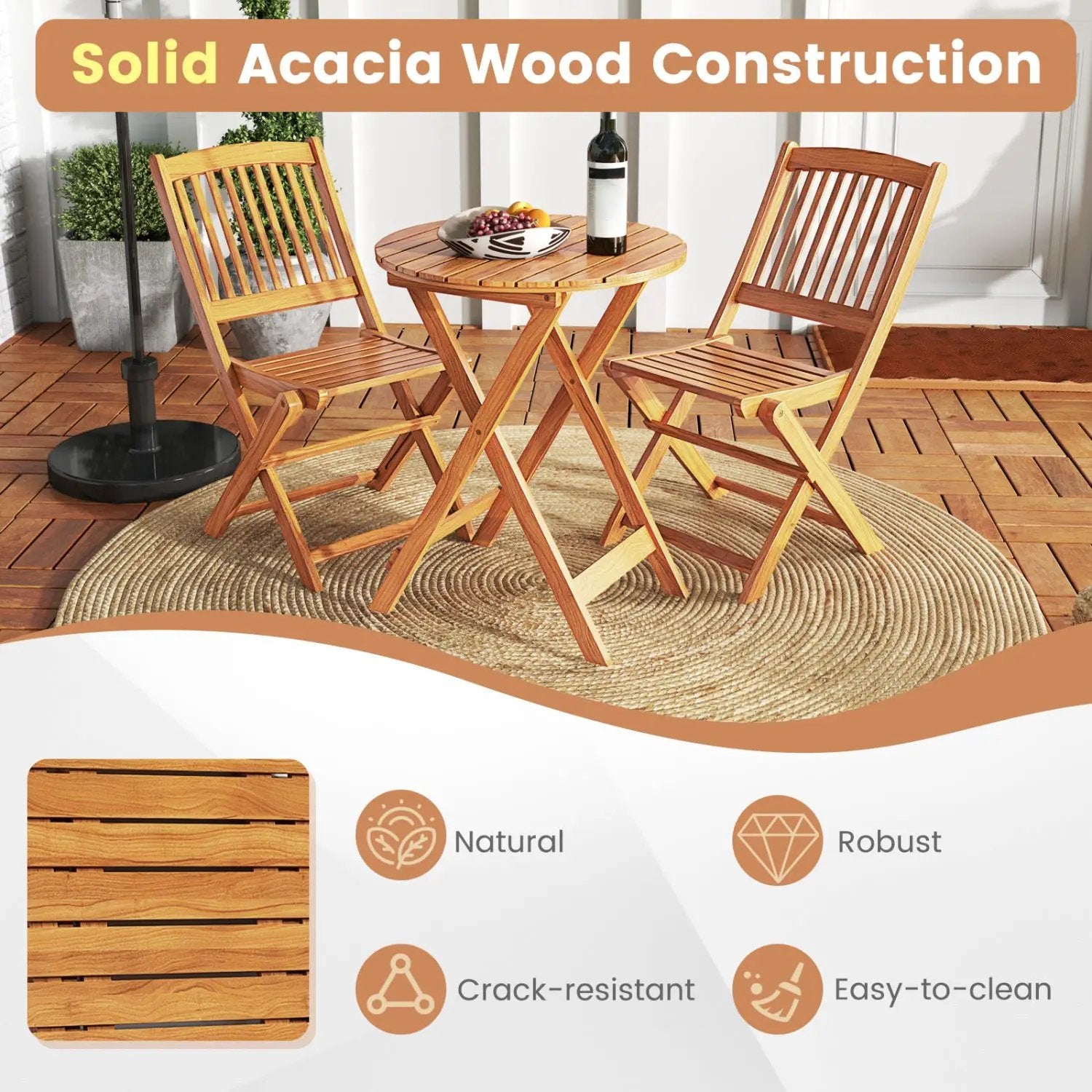 3-Piece Acacia Wood Folding Bistro Set with Cushions by DirectDeals