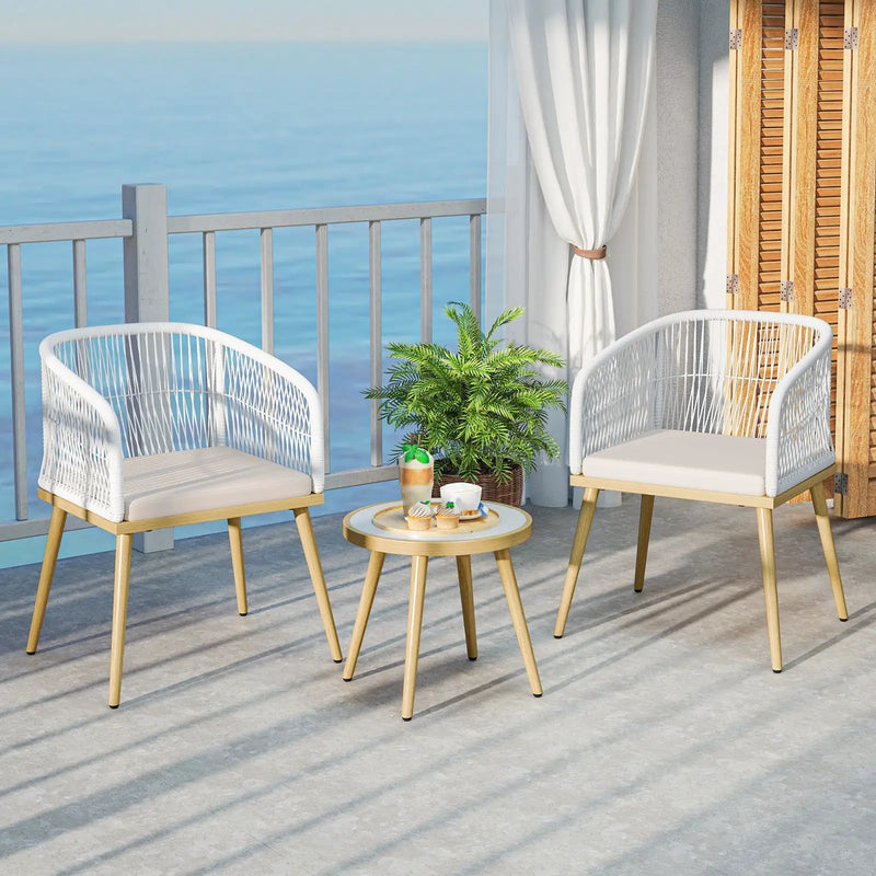 3 Pieces Outdoor Bistro PE Wicker Conversation Furniture Set-White by DirectDeals