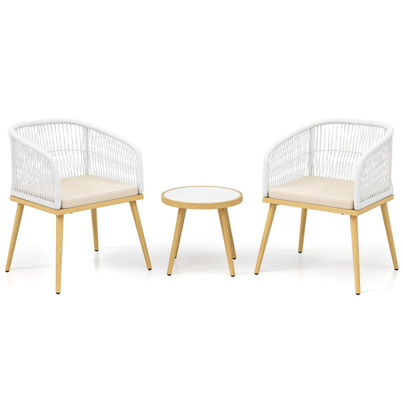 3 Pieces Outdoor Bistro PE Wicker Conversation Furniture Set-White by DirectDeals