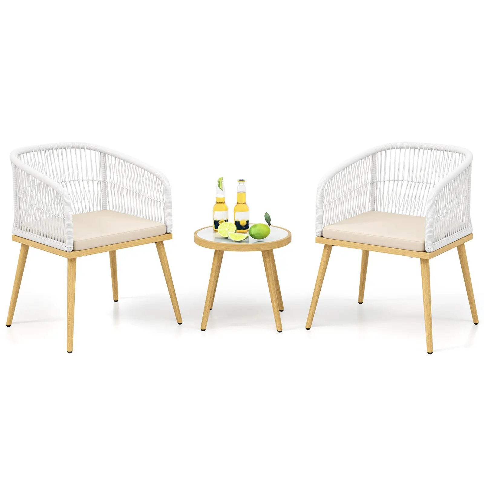 3 Pieces Outdoor Bistro PE Wicker Conversation Furniture Set-White by DirectDeals