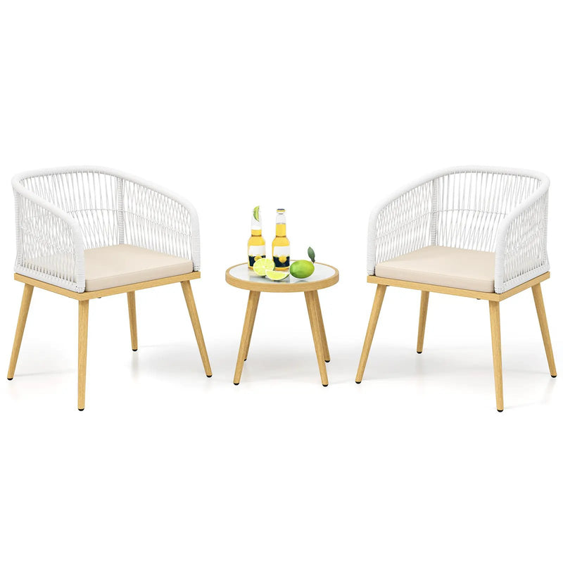 3 Pieces Outdoor Bistro PE Wicker Conversation Furniture Set-White by DirectDeals