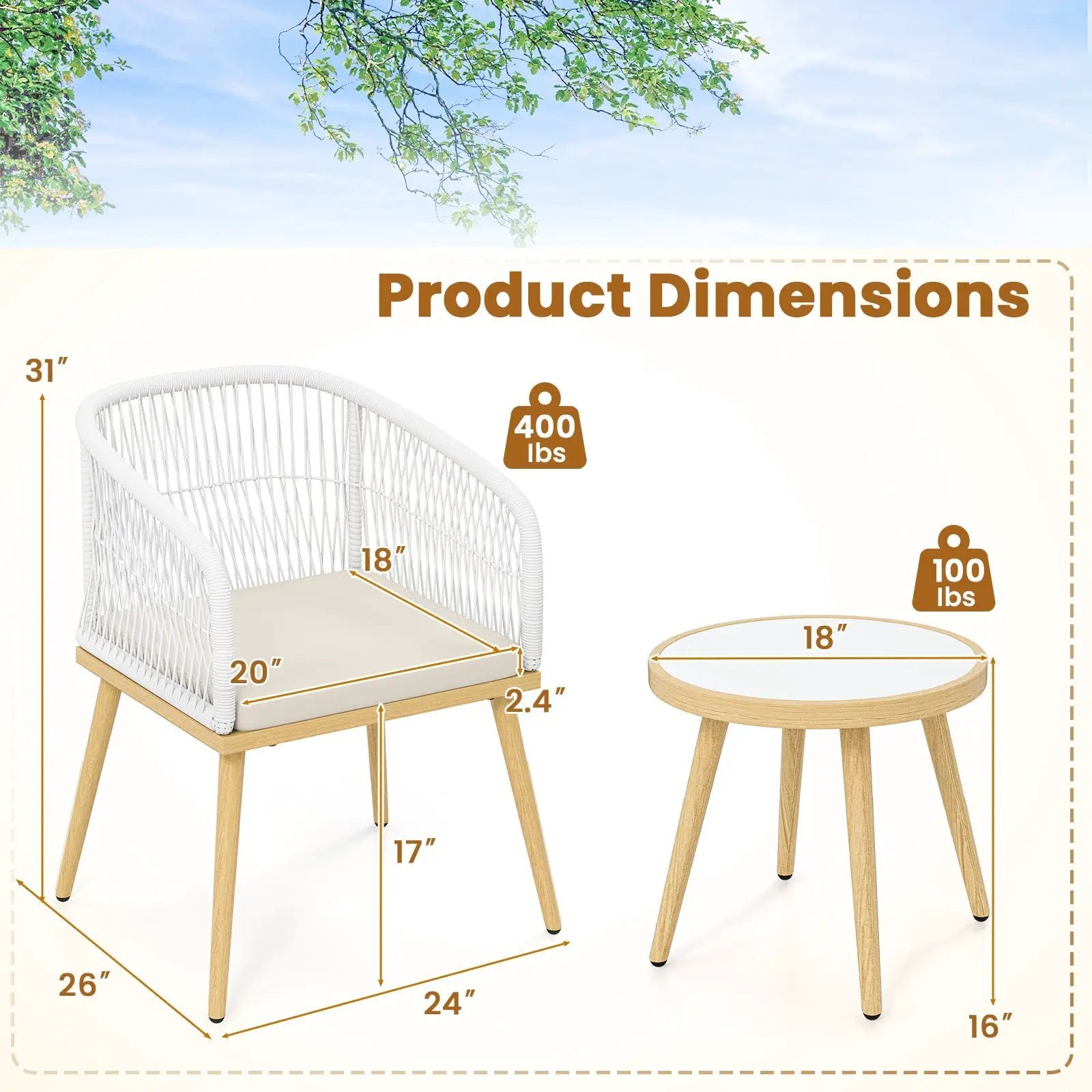 3 Pieces Outdoor Bistro PE Wicker Conversation Furniture Set-White by DirectDeals