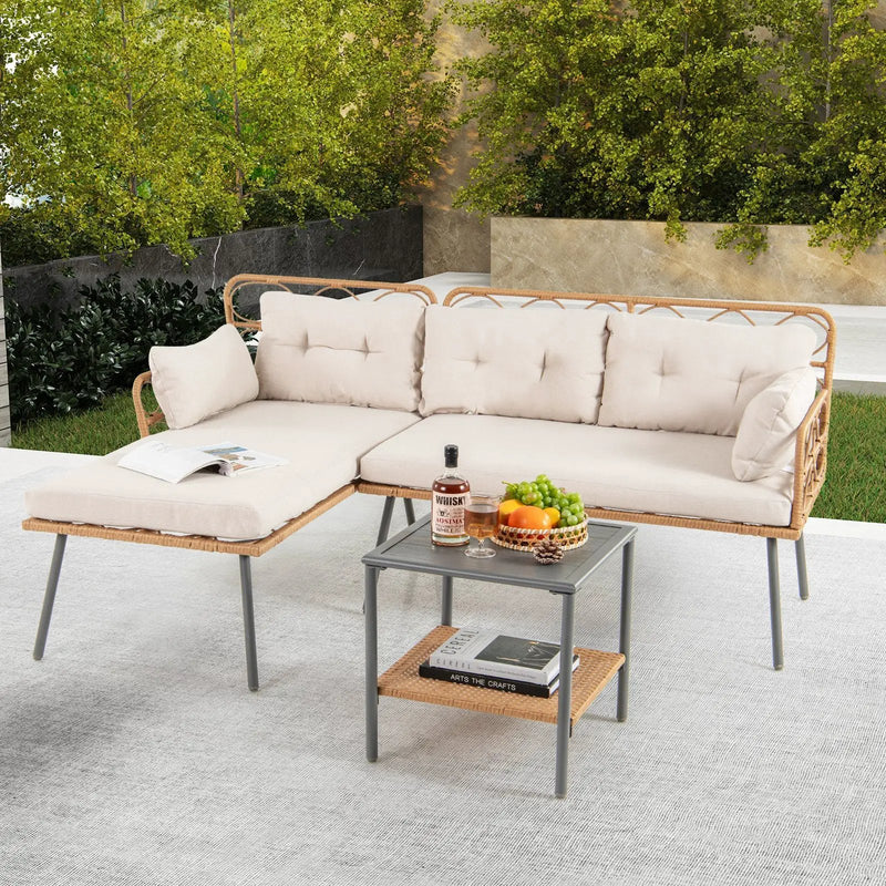 3 Pieces Corner Patio Furniture with Small Coffee Table-Beige by DirectDeals