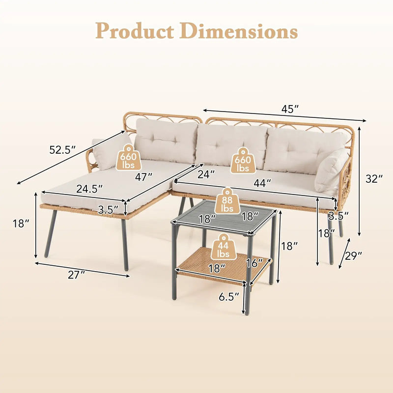 3 Pieces Corner Patio Furniture with Small Coffee Table-Beige by DirectDeals